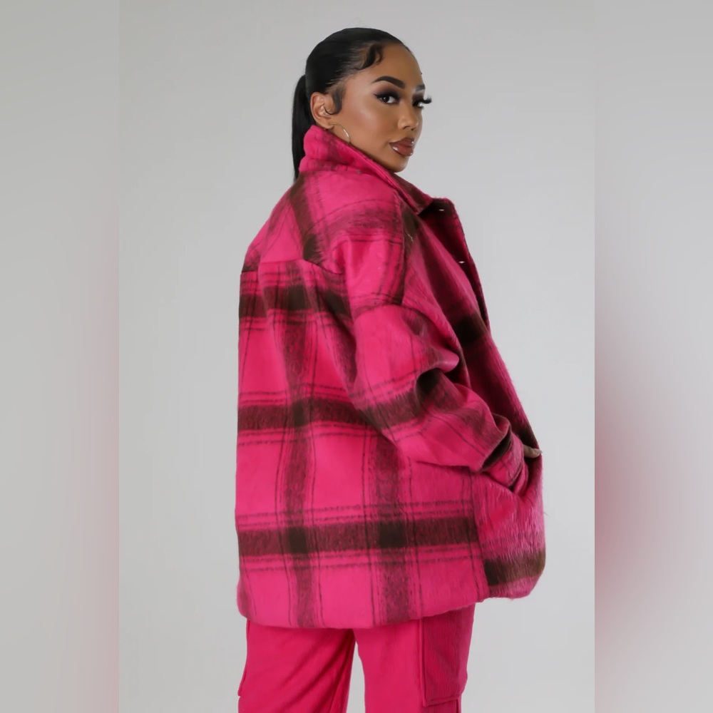 Love Poem Fuchsia & Black Brushed Plaid Long Sleeve Coat, Size Small